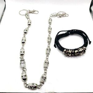 Skull Pants Or Wallet Chain 21 " Silver Tone+ Skull Black Corded Bracelet